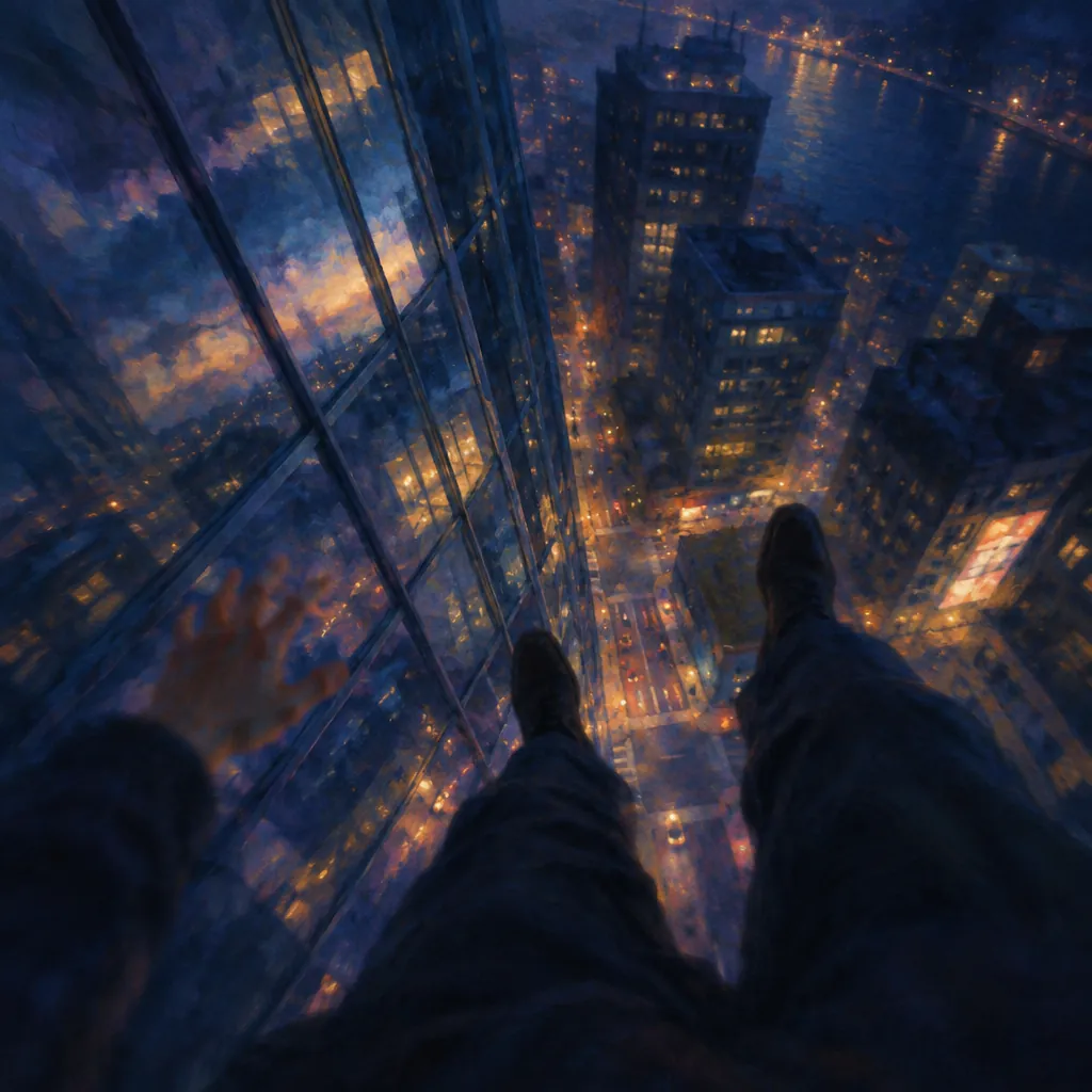 Painting of the dream: I was falling from the top of a tall glass building and woke up just before I landed.