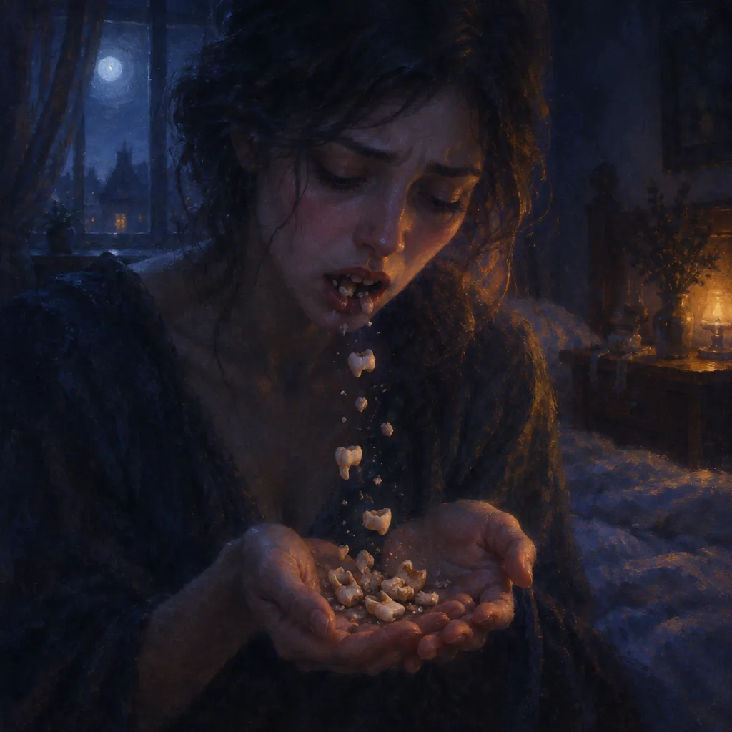 Painting of the dream: My teeth were crumbling and falling out into my hands, one after another, and I could not stop it.